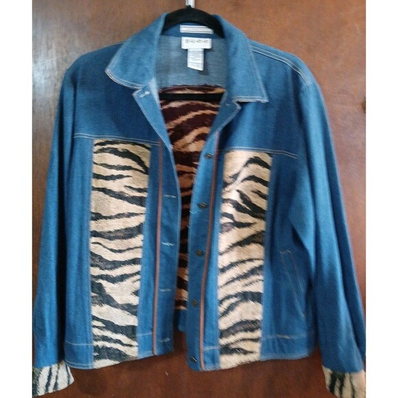 ELCC DENIM TAPESTRY ANIMAL PRINT BLUE JEAN JACKET Size Medium Stretch Unique - Picture 3 of 16